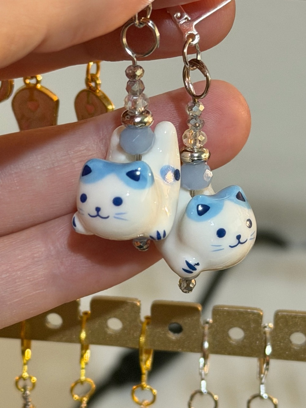 Handcrafted White & Blue Cat Earrings - Cute Ceramic Cat Dangle